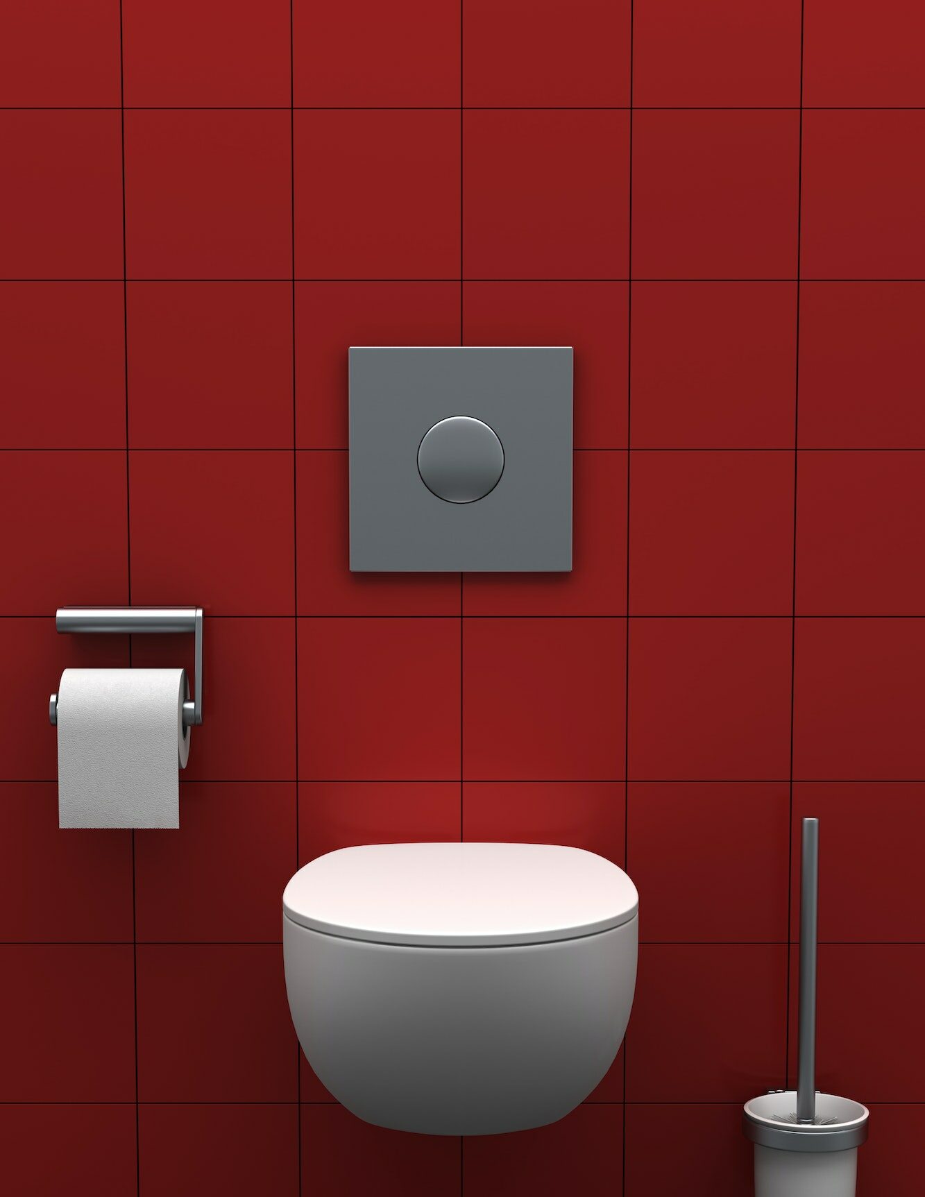 modern toilet with red tiles on wall